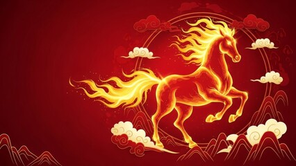 Fototapeta premium Majestic fiery horse with glowing mane and tail amid celestial clouds