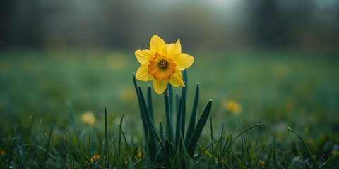 Obraz premium Close-up of yellow narcissus with vibrant petals and trumpet-shaped center in a garden setting, highlighting natural beauty