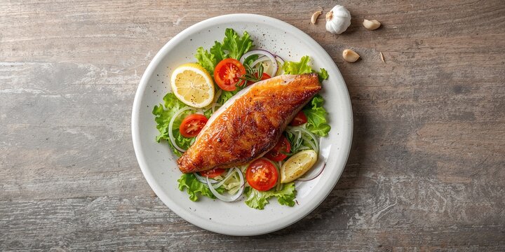 Smoked haddock fillet paired with a fresh vegetable salad featuring lettuce, tomatoes, and onion, nutrient balance, World Food Day