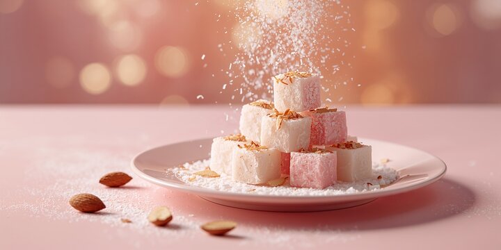 Almond-filled rahat lokum in white, used as a festive candy during holiday celebrations, with pink and coconut flavors