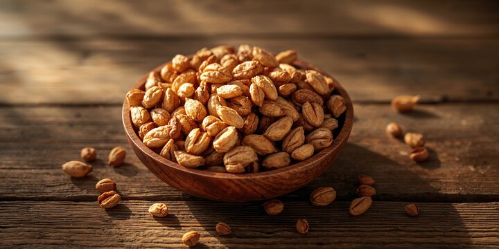 Tiger nuts drying in a wooden container on a natural background, emphasizing food preservation or ingredient sourcing