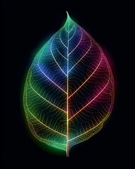 Delicate Leaf Skeleton with Glowing Rainbow Veins on Black Background