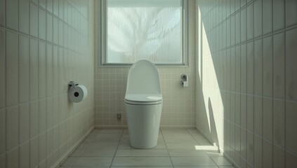 Contemporary office bathroom featuring a white toilet and tiled walls, highlighting hygiene practices, World Sanitation Day