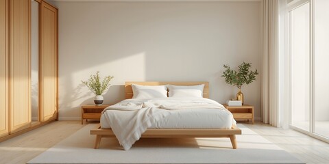 Simple bedroom setup featuring white sheets, pillows, and wooden furniture, minimalism and cleanliness, Earth Day