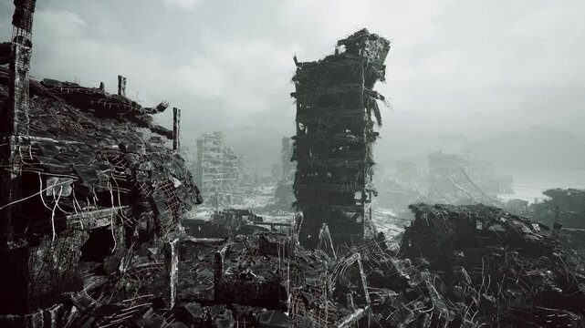 Fogbound vertical ruin tower with torn facades and trailing vines, distant city silhouettes emerge through mist, eerie quiet and oppressive sky suggest
