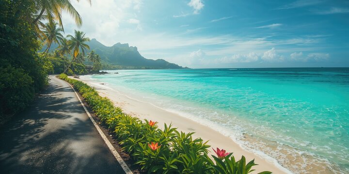 Seaside road traversing an exotic island with ocean views and sandy beaches, suitable for relaxation and exploration