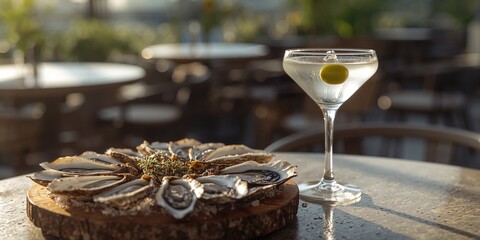 Seafood and cocktail pairing set on a sunlit restaurant patio, highlighting casual upscale eating