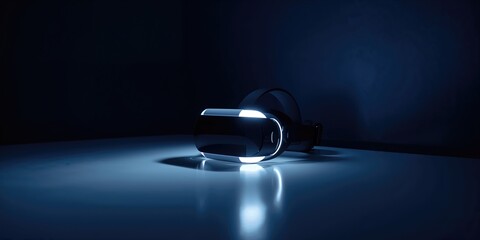 VR headset glowing in a dark environment used for immersive gaming or virtual experiences, technology use