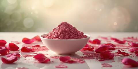 Pink clay powder in bowl for facial masks, natural skin rejuvenation and beauty, fresh rose petals essential oil, skincare preparation