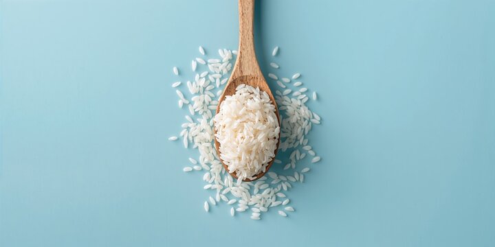 Raw rice in a spoon on a blue background used as a food preparation backdrop