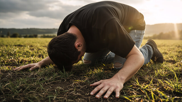 A desperate man kneeling and praying on the ground in a field. Young adult showing surrender and humility at sunset. Concept of faith, grief, and spiritual struggle