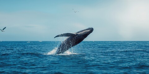 Fototapeta premium Group of whales surfacing in deep sea environment, focusing on marine life behavior