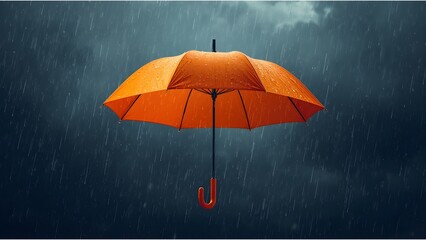 Orange Umbrella Floating in Heavy Rain with Dark Stormy Background and Water Splash Effects