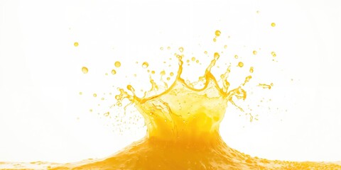 Orange juice being poured with splash effect on a plain white background, highlighting fluid texture