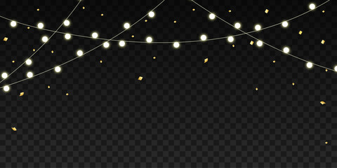 Festive String Light with Golden Confetti, Decorative Border, Light Garland, Holiday Background, Christmas and New Year, Celebration, Wedding, Presentation, Party Design, Vector