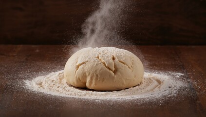 Obraz premium Dough with flour coating on a dark background, highlighting artisanal bread making, Bread Day