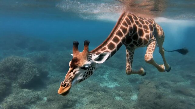 Surreal giraffe swimming gracefully under the water