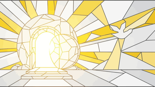 Stunning stained glass artwork depicting an empty tomb with dove