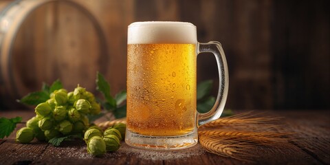 Mug of beer surrounded by wheat ears and green hops, illustrating brewing components