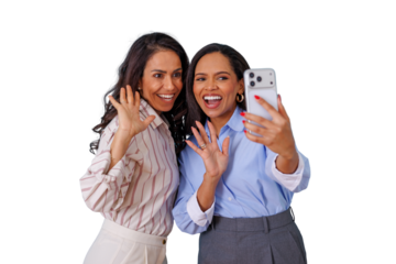 Happy diverse women friends having a video call, waving hello during an online live stream with a smartphone