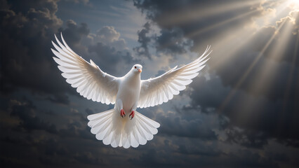 Fototapeta premium A white dove flying with spread wings in a dramatic sky. A spiritual symbol of peace, hope, and faith with sunbeams breaking through clouds