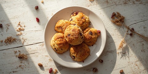Freshly baked scones with dried berries on a white wooden table, ideal for a bakery display or casual meal, International Bakery Day