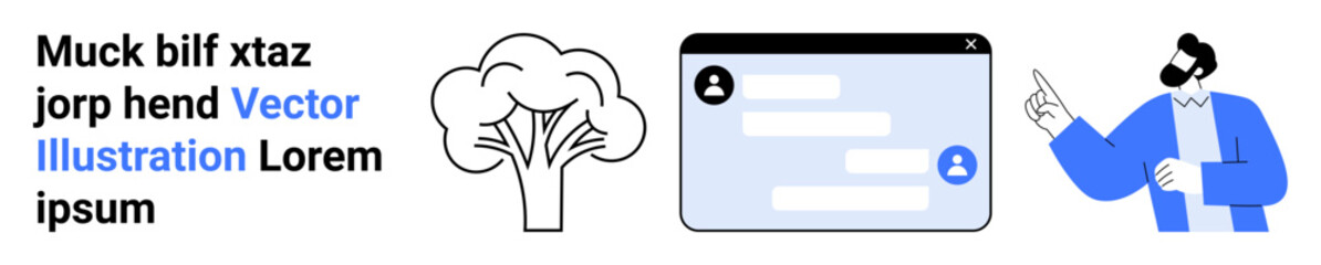 Fototapeta premium Communication, technology, education, business, networking, teamwork. Tree diagram, chat window person pointing. Communication and technology in business and digital scenarios