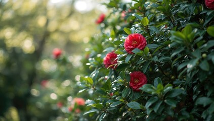 Springtime outdoor scene with a glossy evergreen camellia bush full of vibrant red blooms, seasonal flora preservation