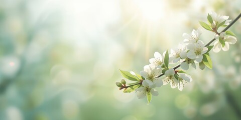 Branch of blooming white apple tree flowers in early spring used as a decorative floral background for greeting cards or postcards, seasonal theme