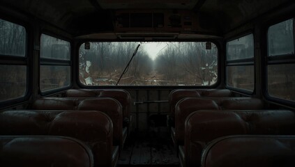 Fototapeta premium Interior of a damaged bus with corrosion and grime, highlighting structural deterioration and safety concerns