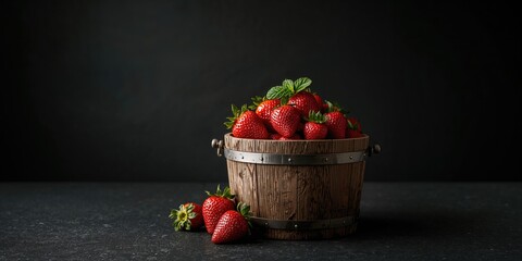 Red strawberries in a container placed on a dark concrete background, highlighting fruit preservation for food safety, summer