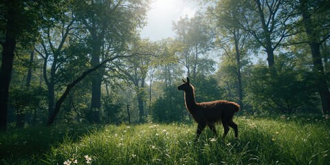 Fototapeta premium Llama with dark brown fur roaming outdoors in a park, highlighting wildlife in natural landscapes