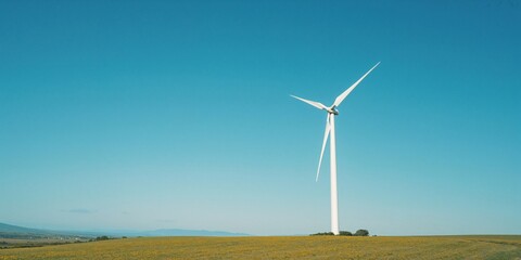 Wind turbine with white blades under a bright blue sky, illustrating sustainable power generation