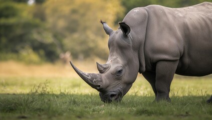 Fototapeta premium White rhinoceros feeding on grass in a protected park, highlighting wildlife preservation