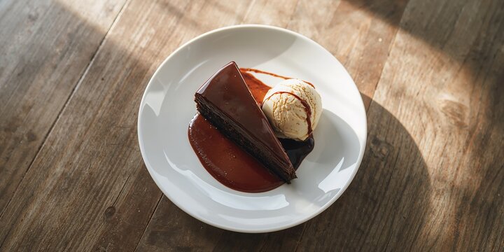 Slice of chocolate fudge cake with ice cream, indulgent dessert for a sweet treat indulgence