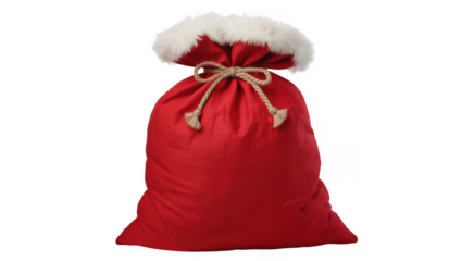 Red Santa sack with white fur trim and rope tie red sack Santa bag isolated on a transparent background