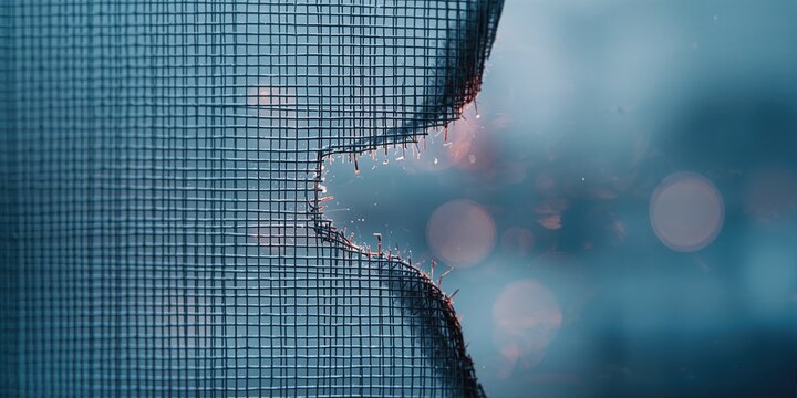Damaged window screen visible with out-of-focus backdrop, highlighting repair work