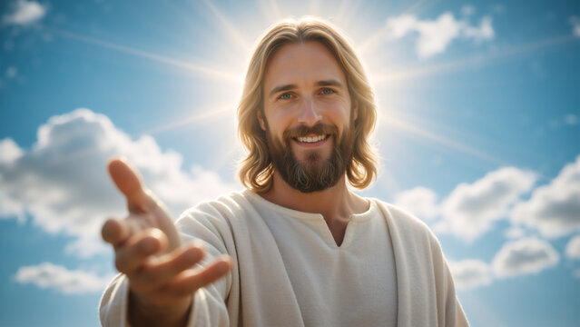 Jesus Christ smiling and reaching out hand. Portrait of Savior with sun halo in blue sky. Religious concept of hope, faith and salvation