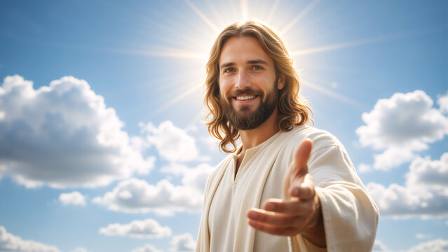 Jesus Christ reaching out hand with a warm smile against a blue sky. Spiritual religious concept of hope and salvation