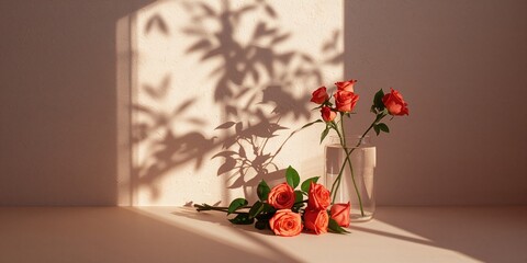 Glass wall with shadow patterns of roses and reflections in morning light, ideal for UI backgrounds, Earth Day