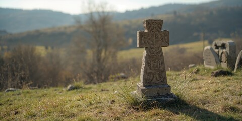 Ancient Armenian burial site featuring carved crosses on stone grave markers, cultural heritage preservation