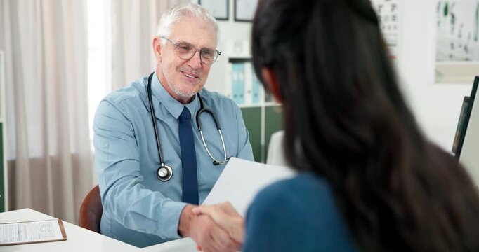 Woman, doctor and checkup with document in office for prescription, medical record and referral letter. Mature man, person and diagnosis form of healthcare, treatment progress and discharge paperwork