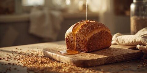 Homemade multigrain bread featuring diverse grains and seeds, focusing on nutritious ingredients, for wellness promotion