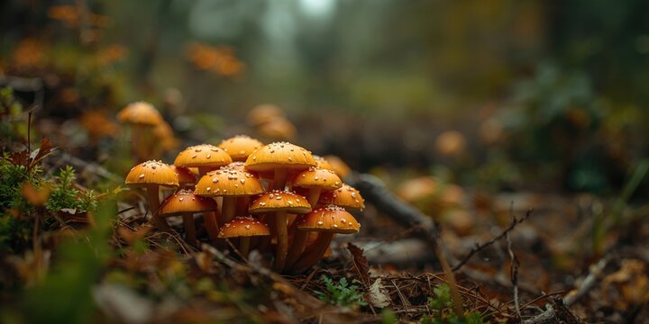 Fungi species resembling a Jack-o-lantern mushroom growing on forest floor in Pulgas Ridge, California, during autumn