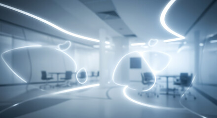 Futuristic office interior with abstract glowing light trails and modern meeting room design, blue tones, high tech atmosphere, blurry background