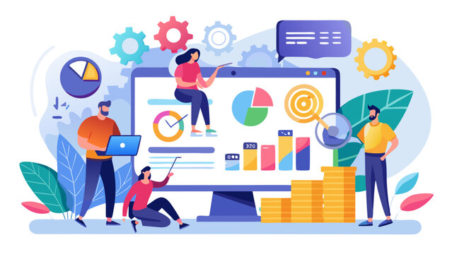 Corporate performance monitoring screen with KPI graphs flat design scene