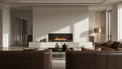 Obraz premium Living room featuring a fireplace and table setup, suitable for interior planning and arrangement