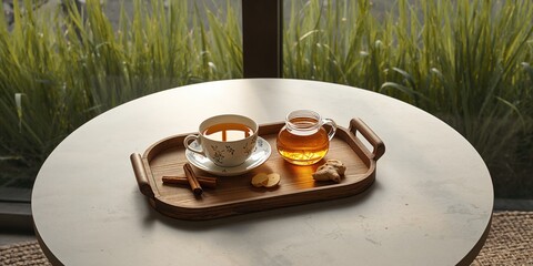 Wooden tray with tea cup and honey in a glass, natural ingredients for a soothing morning routine
