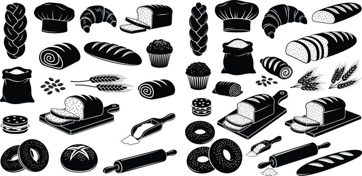 Bakery silhouettes of wheat, croissants, loafs, bagels, baker hat and more in simple style