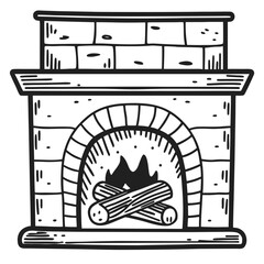 Hand-drawn fireplace with firewood and flames in black and white  